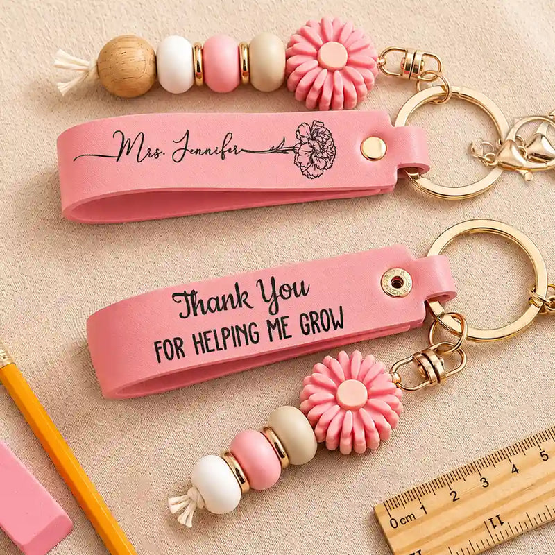 Teacher, Back To School, Proud, Icon - Thank You For Helping Us Grow - Personalized Leather Beaded Keychain