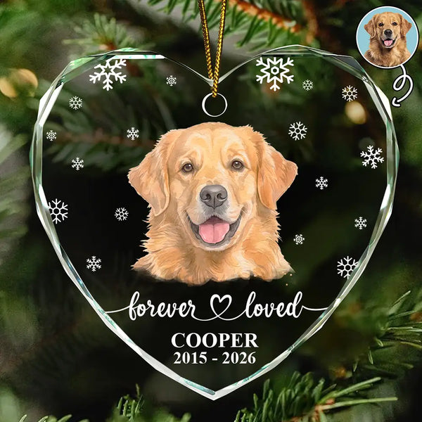Art Design,Healing,Christmas,Pet Memorial,Pet Lovers,Memorial,Photo - Watercolor - Remove BG - Custom Photo Realistic Watercolor Art Forever Loved Memorial Dog Cat - Personalized Heart Shaped Glass Ornament