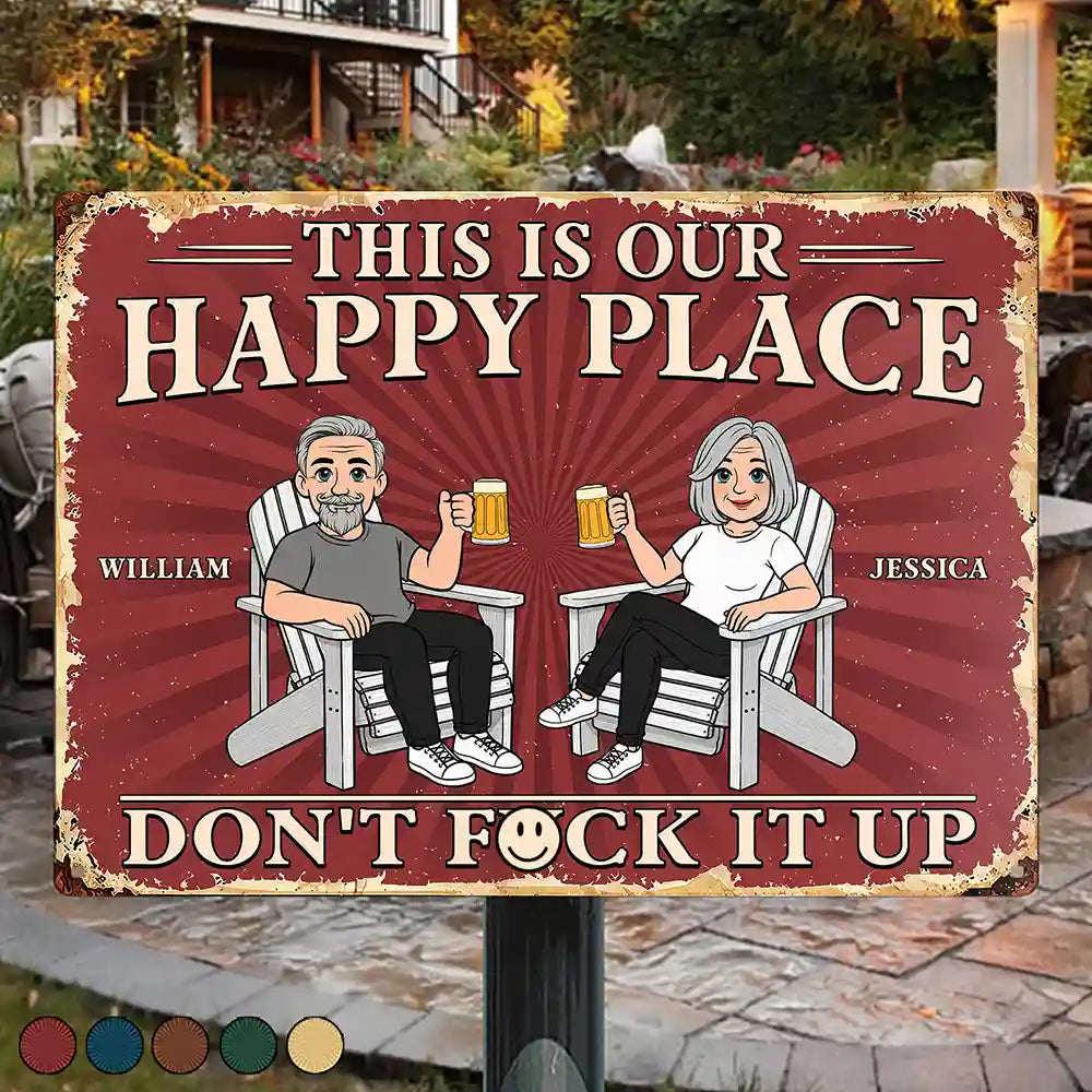 This Is Our Happy Place Retro Cartoon Couple Funny - Personalized Classic Metal Signs