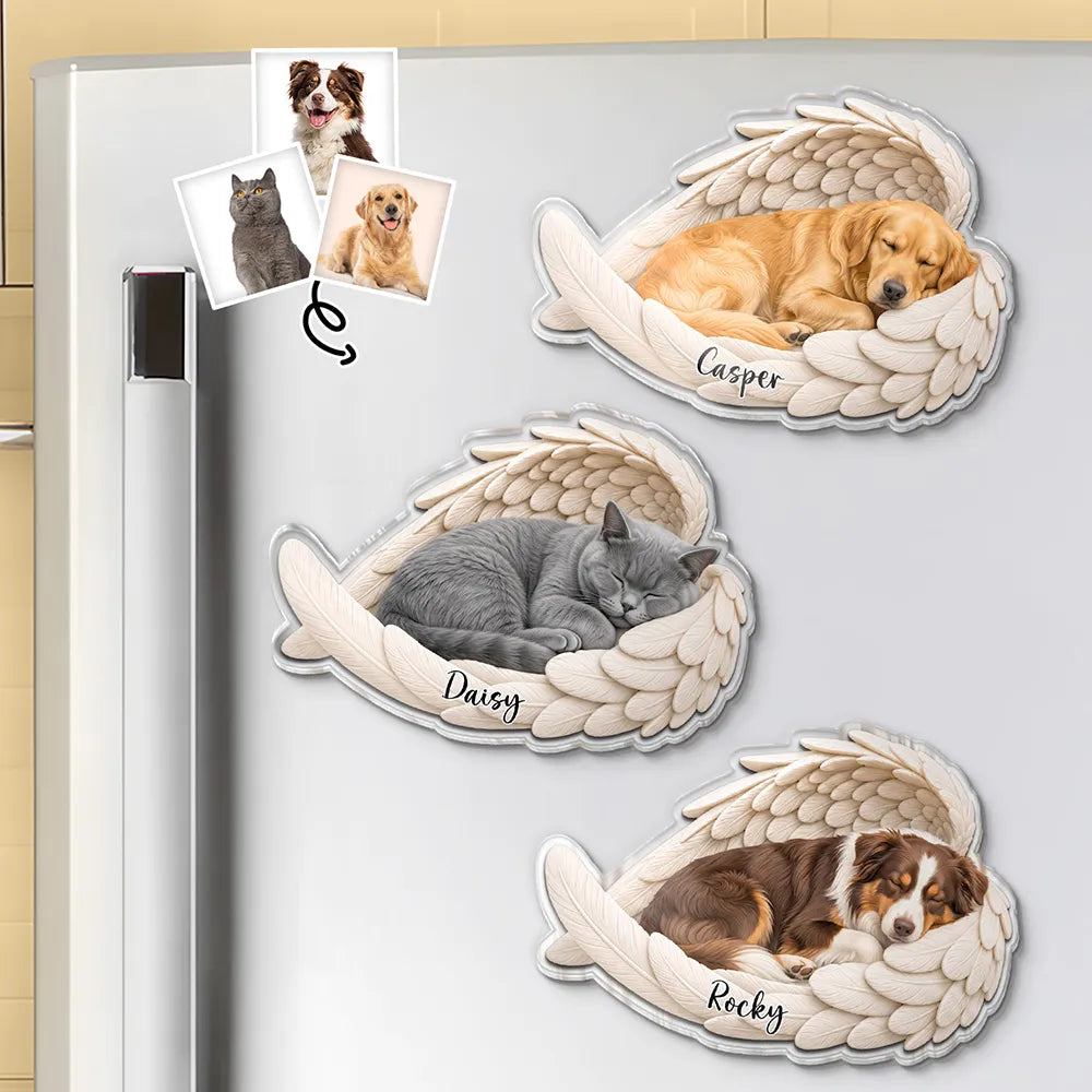 Custom Photo Sleeping Angel Remembrance Memorial Dog Cat Pet - Personalized Acrylic Magnet
