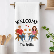 New House, Gift For Couples, Vector, Happy - Welcome New Home Decoration Animate Couple - Personalized Kitchen Towel