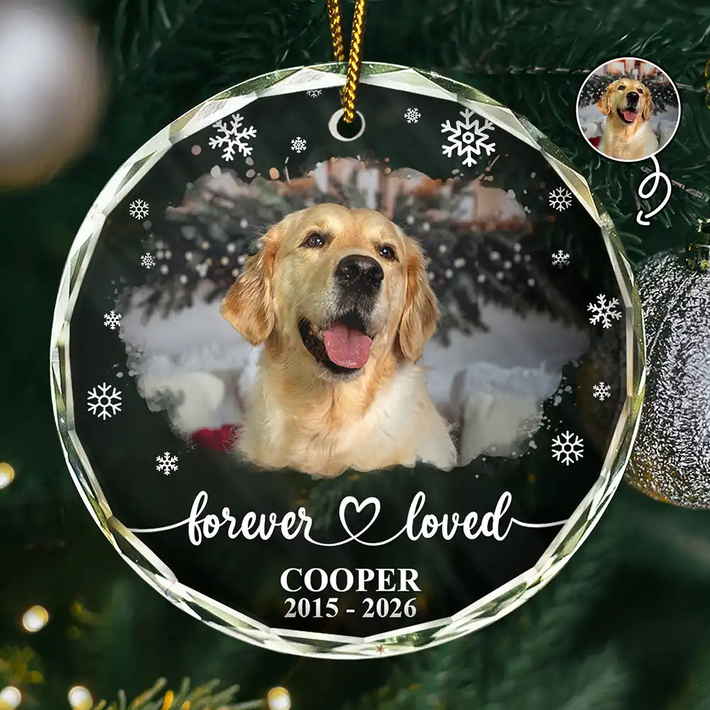 Healing,Christmas,Custom Photo,Pet Memorial,Pet Lovers,Memorial,Upload Full Photo - Custom Photo Forever Loved Memorial Dog Cat - Personalized Circle Glass Ornament