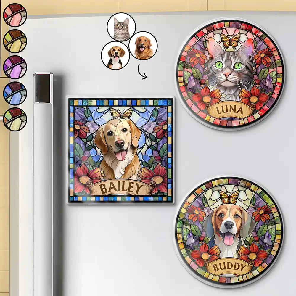 Custom Photo Stained Glass Portrait Dog Cat Family - Personalized Acrylic Magnet