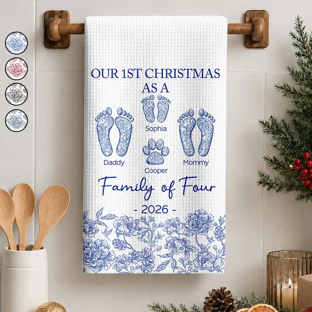 Christmas,Family,Icon,Happy - First Christmas As A Family Of Four Toile Footprints - Personalized Kitchen Towel