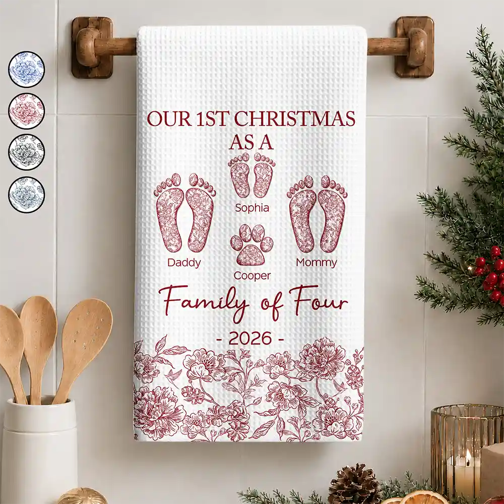 Christmas,Family,Icon,Happy - First Christmas As A Family Of Four Toile Footprints - Personalized Kitchen Towel