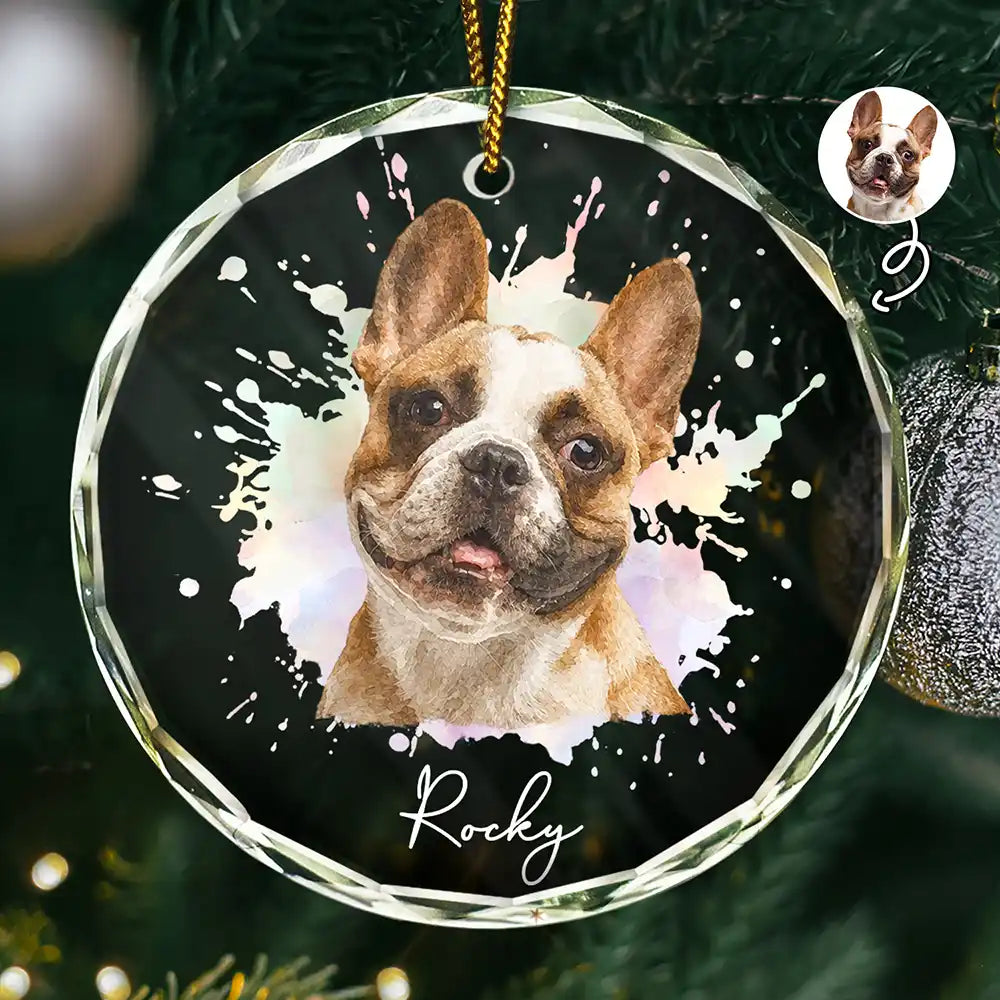 Custom Photo Realistic Watercolor Art Portrait Cat Dog Pet - Personalized Circle Glass Ornament