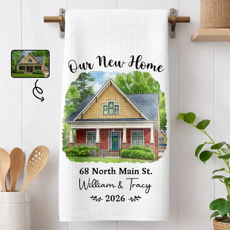 Art Design,Christmas,Gift For Couples,Photo - Vivid Watercolor Art,Happy - Custom Photo Vivid Watercolor Art Our New Home Wedding Gift Husband Wife - Personalized Kitchen Towel