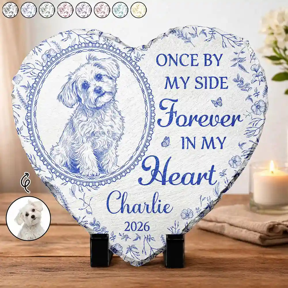 Custom Photo Pencil Sketch Once By My Side Forever In My Heart - Personalized Heart Memorial Garden Stone