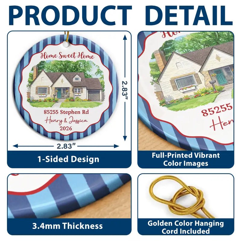 Art Design,Christmas,Family,Photo - Vivid Watercolor Art,Happy - Custom Photo Vivid Watercolor Art Our New Home Wedding Gift Husband Wife Stripe - Personalized Circle Ceramic Ornament