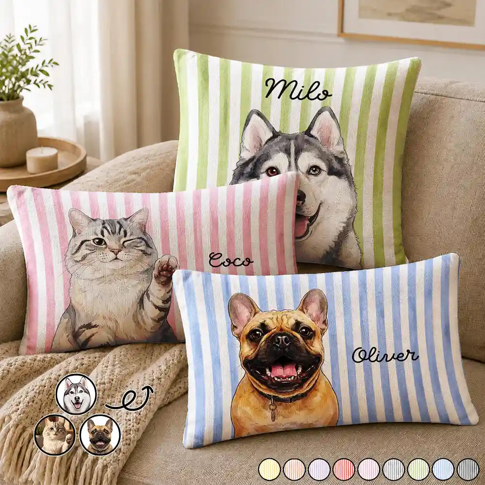 Custom Photo Vivid Watercolor Art Happy Dog Cat Pet Stripe - Personalized Pillow