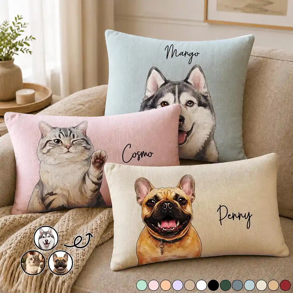 Custom Photo Vivid Watercolor Art Happy Dog Cat Pet - Personalized Pillow