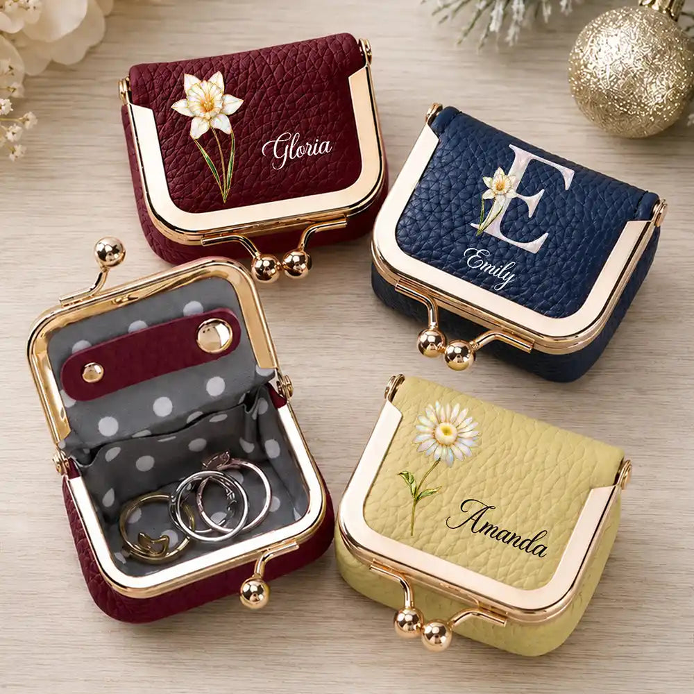 Nacre Effect Birth Month Flower And Name Gift For Her - Personalized Kiss Lock Jewelry Case