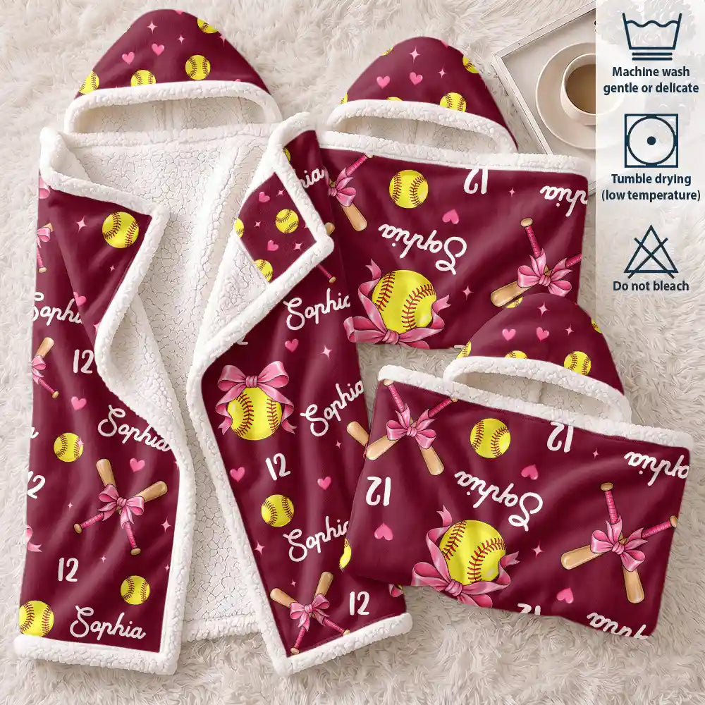 Christmas,Gift For Women,Gift For Yourself,Gifts For Her,Happy,Icon,Softball - Gift For Softball Player - Personalized Name Number Coquette Bow Wearable Hooded Blanket