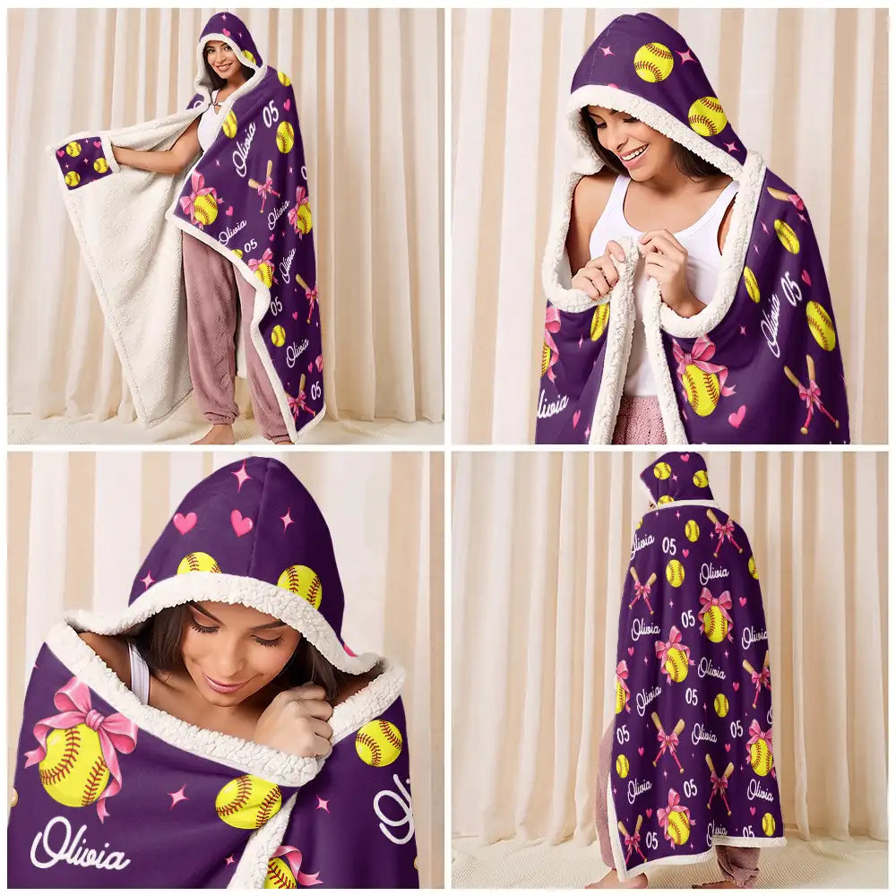 Christmas,Gift For Women,Gift For Yourself,Gifts For Her,Happy,Icon,Softball - Gift For Softball Player - Personalized Name Number Coquette Bow Wearable Hooded Blanket