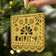 Christmas, Custom Text, Family, Happy, Top Market - Gift For Family - Personalized Papel Picado Wooden Ornament