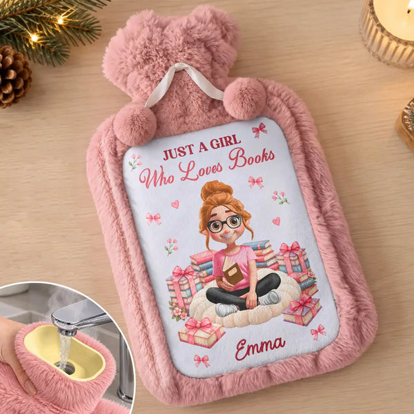 Christmas,Cozy,Gift For Women,Gift For Yourself,Gifts For Her,Reading,Vector - Gift For Book Lover - Personalized Just A Girl Who Loves Books Hot Water Bottle
