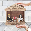 Family Couple A Crazy Dog Cat Lady And A Grumpy Old Man Live Here - Outdoor Gift For Pet Lovers - Personalized Custom Shaped Wood Sign