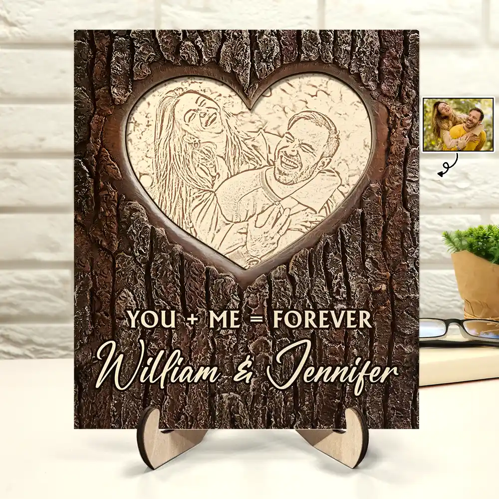 Custom Photo Pencil Drawing Carved In Love Couple You + Me = Forever - Personalized 2-Layered Wooden Plaque With Stand