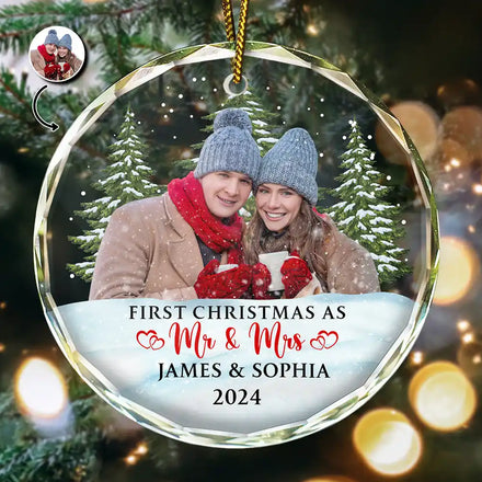 Custom Photo First Christmas Couples - Personalized Circle Glass Ornament