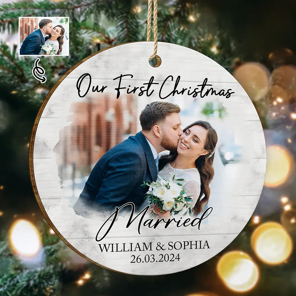 Gift For Couples,Christmas,Gift For Husband,Gift For Wife,Gift For Boyfriend,Gift For Girlfriend,Happy - Custom Photo First Christmas As Mr & Mrs Couples - Personalized Custom Shaped Wooden Ornament
