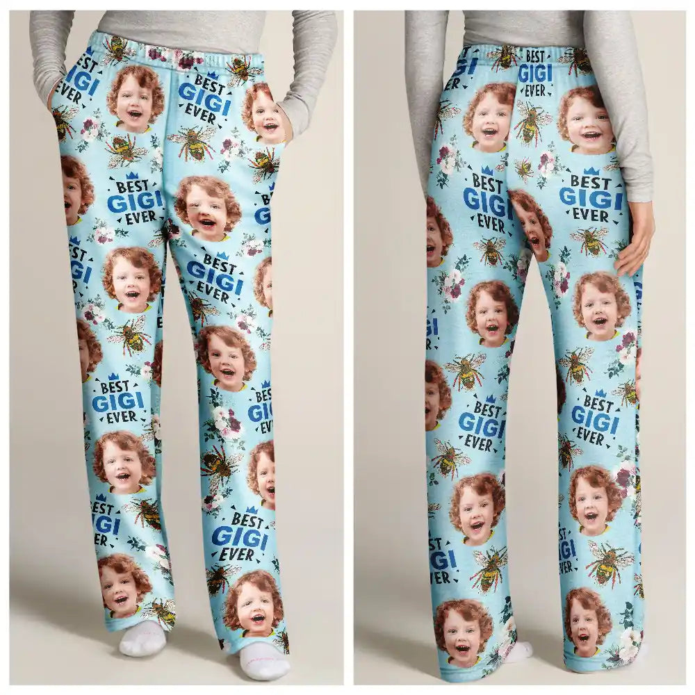 Gift For Mother,Gift For Grandma,Happy - Custom Photo Bee Flowral Best Grandma Ever - Personalized Pajama Pants