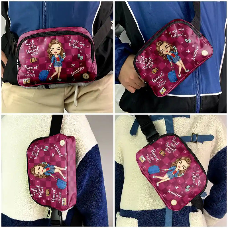 Travel, Gift For Yourself, Gift For Women, Gift For Men - Travel Is My Therapy - Personalized Crossbody Belt Bag