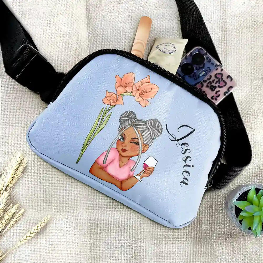Travel,Gift For Yourself,Gift For Women,Happy - Birth Month Flower Travel Lover - Personalized Crossbody Belt Bag