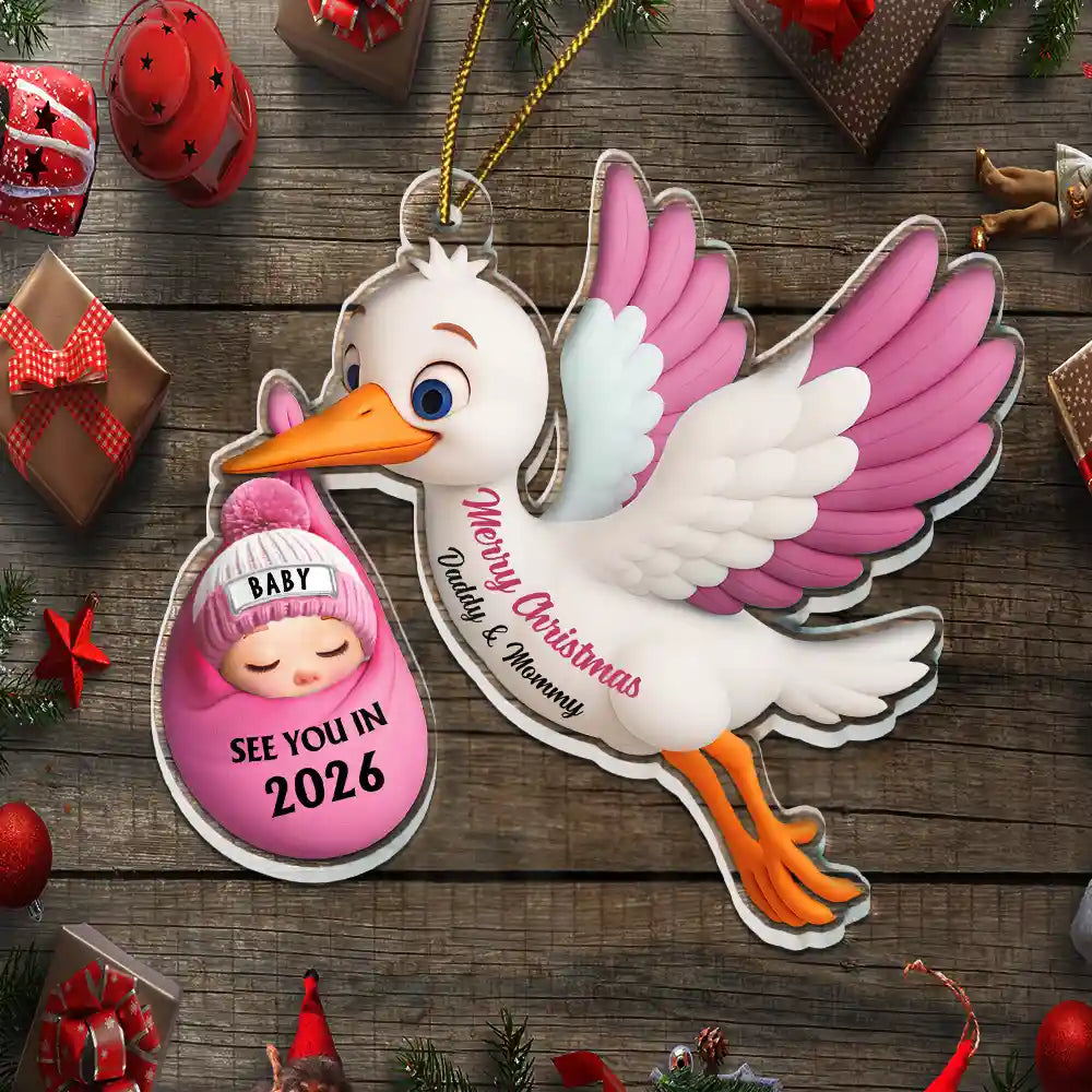 Christmas,New Dad,New baby,New Mom,Happy - Baby Expecting Stork See You In - Personalized Custom Shaped Acrylic Ornament