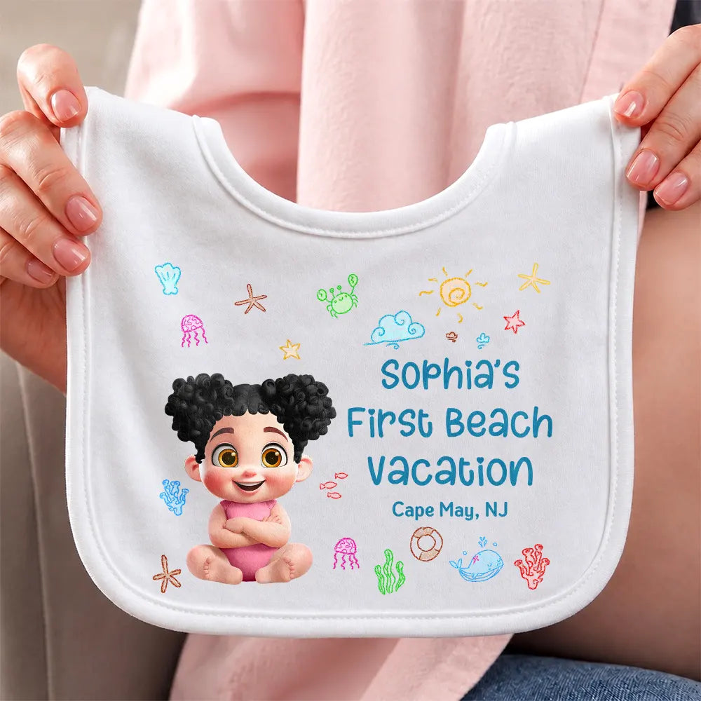 Gift For Mother, New Mom, Summer, Adorable, Vector - Baby First Beach Summer Vacation - Personalized Baby Bib
