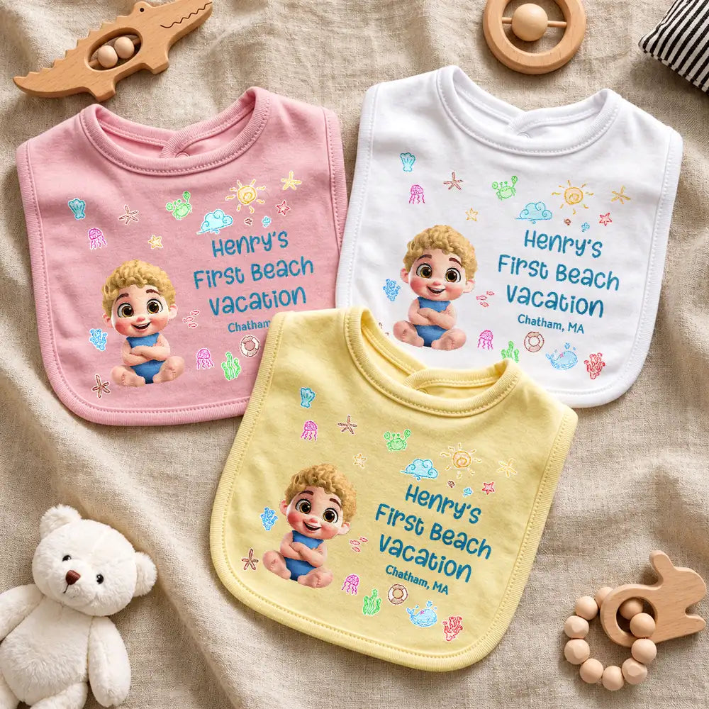 Gift For Mother, New Mom, Summer, Adorable, Vector - Baby First Beach Summer Vacation - Personalized Baby Bib