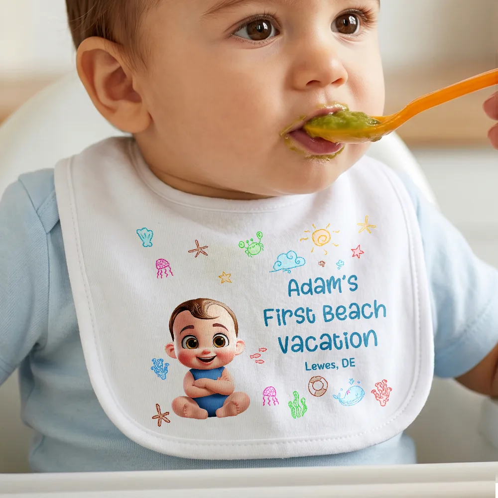 Gift For Mother, New Mom, Summer, Adorable, Vector - Baby First Beach Summer Vacation - Personalized Baby Bib