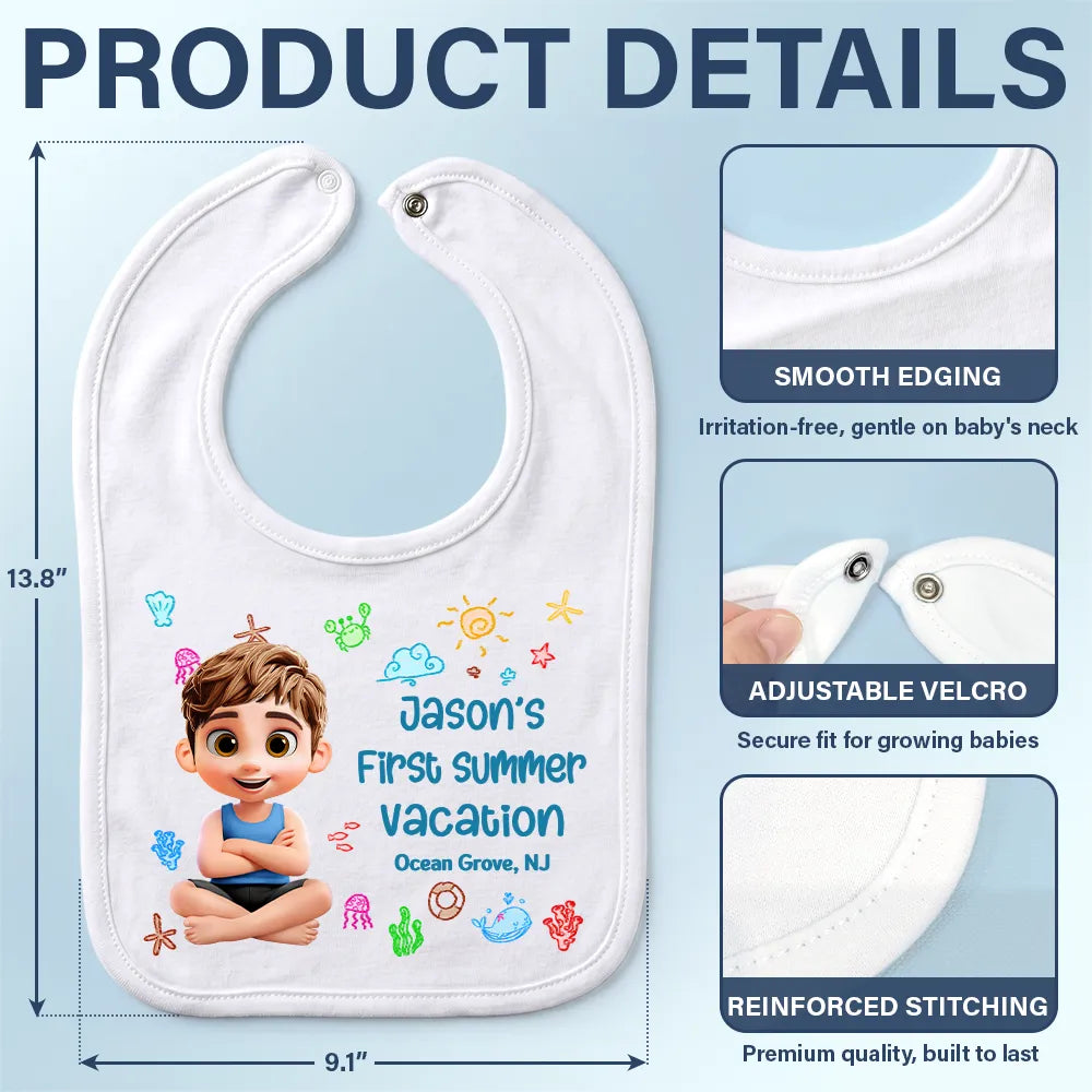 Gift For Mother, New Mom, Summer, Adorable, Vector - Baby First Beach Summer Vacation - Personalized Baby Bib