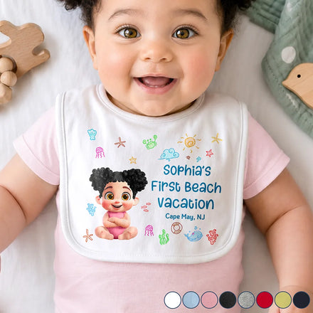 Baby First Beach Summer Vacation - Personalized Baby Bib