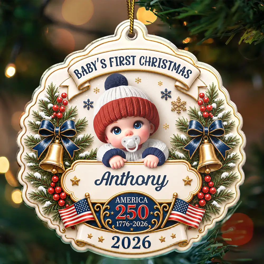 Top Market,Adorable,Independence Day,New Mom,America 250th,Christmas,Gift For Mother,Vector - Baby First Christmas America 250th Anniversary - Personalized Custom Shaped Acrylic Ornament