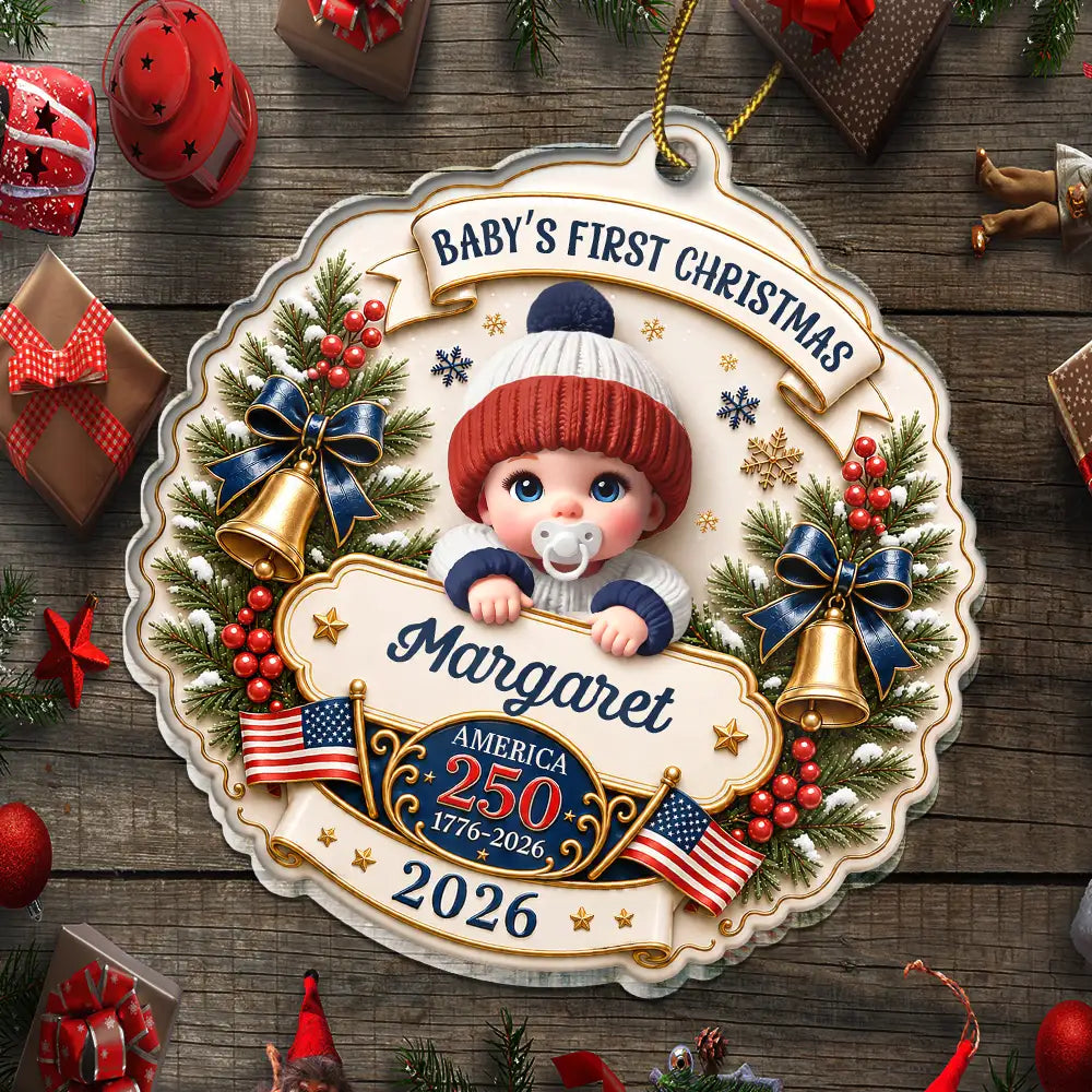 Top Market,Adorable,Independence Day,New Mom,America 250th,Christmas,Gift For Mother,Vector - Baby First Christmas America 250th Anniversary - Personalized Custom Shaped Acrylic Ornament