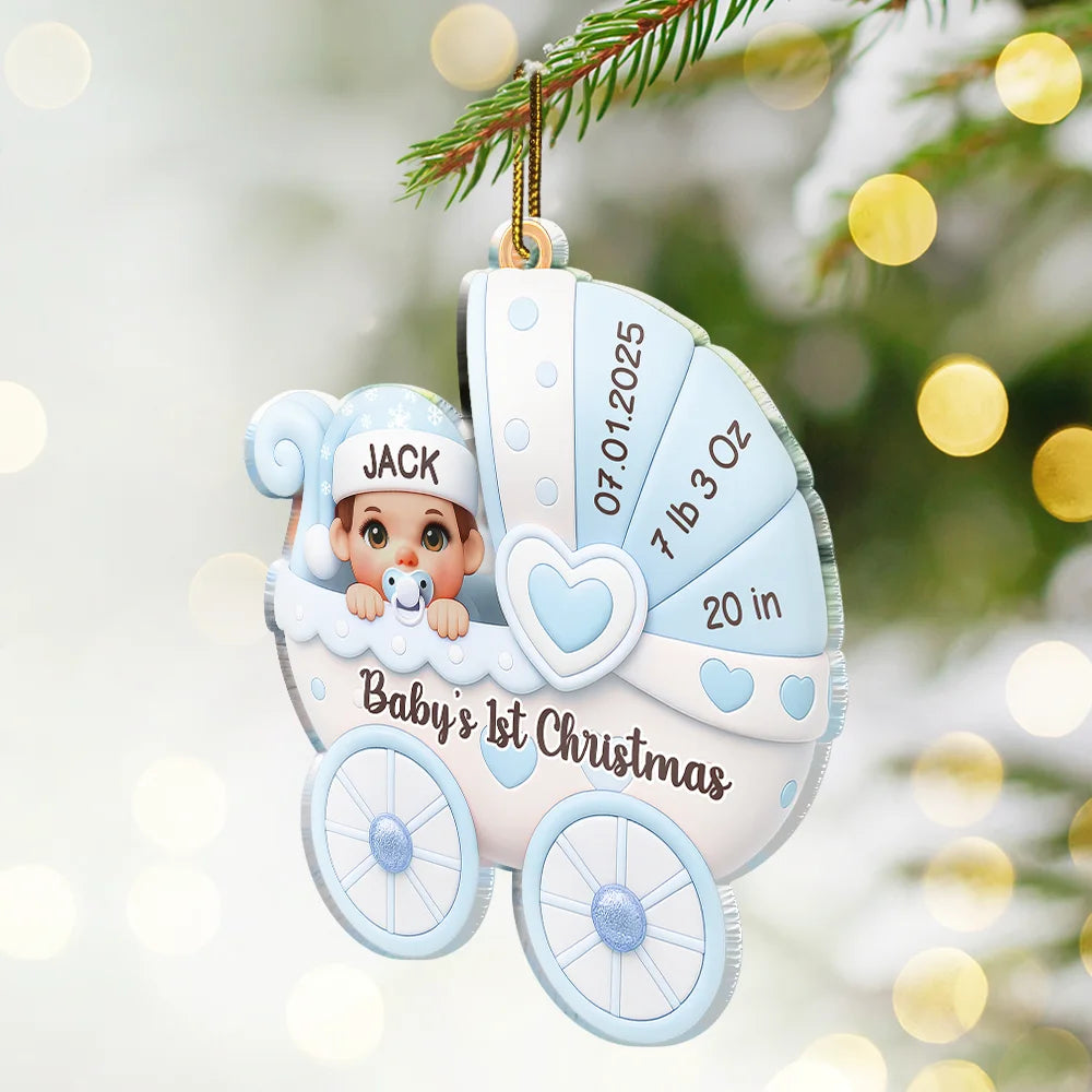 Christmas,New baby,New Dad,New Mom,Happy - Baby First Christmas Baby Carriage 3D Effect - Personalized Custom Shaped Acrylic Ornament