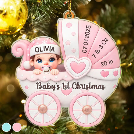 Baby First Christmas Baby Carriage 3D Effect - Personalized Custom Shaped Acrylic Ornament