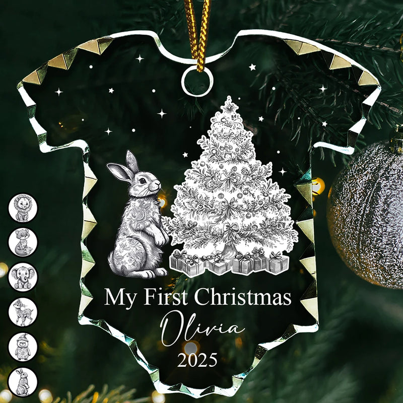 Christmas,New Dad,New baby,New Mom,Happy - Baby First Christmas Toile Pattern - Personalized Onesie Shaped Glass Ornament