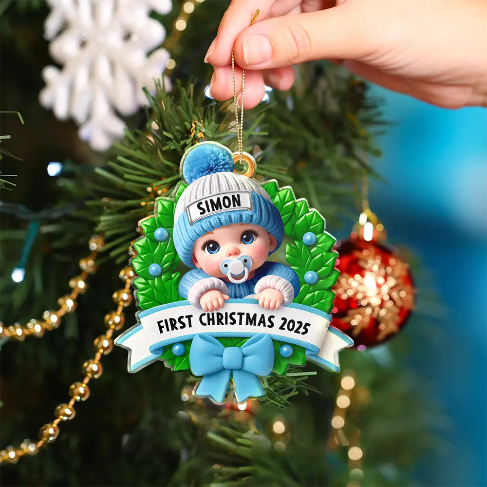 Christmas,New Dad,New baby,New Mom,Family,Happy - Baby In Christmas Wreath First Christmas - Personalized Custom Shaped Acrylic Ornament
