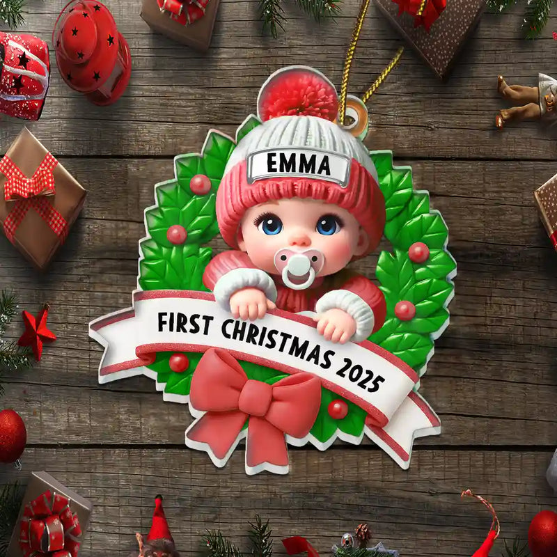Christmas,New Dad,New baby,New Mom,Family,Happy - Baby In Christmas Wreath First Christmas - Personalized Custom Shaped Acrylic Ornament