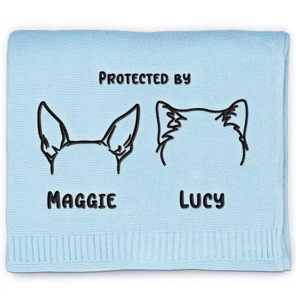 Baby Protected By Pet Dog Cat Ears Outline - Personalized Embroidered Knitted Baby Blanket