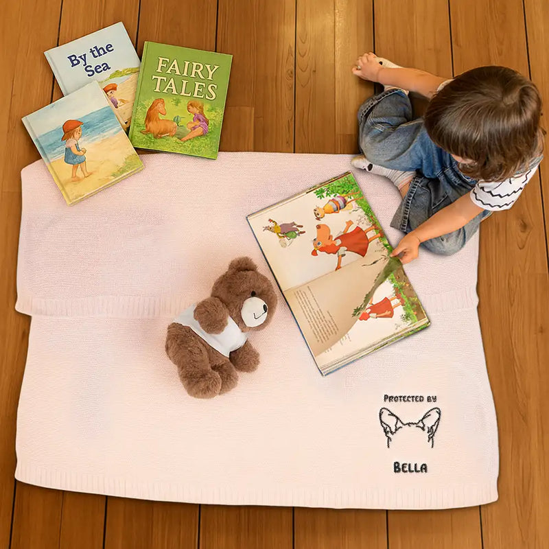 New baby,New Dad,New Mom,Gift For Kids,Happy,Pet Lovers - Baby Protected By Pet Dog Cat Ears Outline - Personalized Embroidered Knitted Baby Blanket