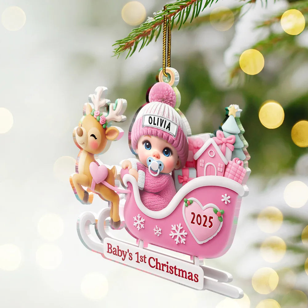 Christmas, New baby, Happy - Baby Santa In Sleigh First Christmas - Personalized Custom Shaped Acrylic Ornament