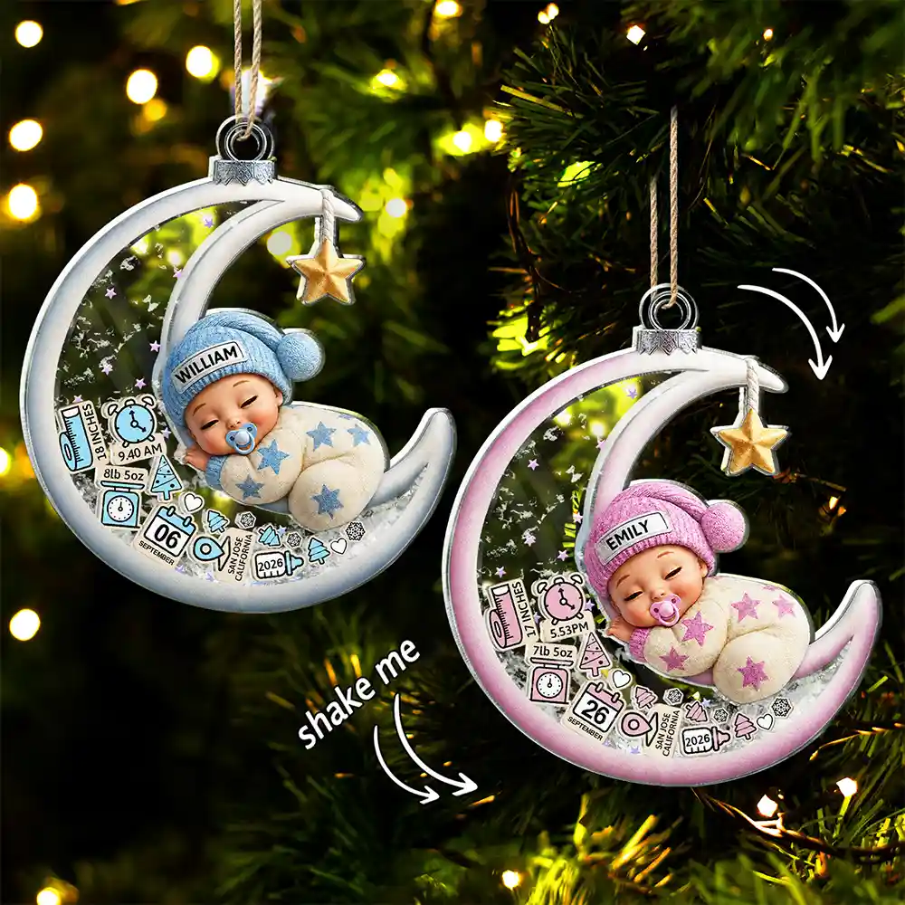 Adorable,Gift For Baby,Christmas,Icon - Baby Sleeping On The Moon First Christmas - Personalized 3-Layered Acrylic Shaker Ornament