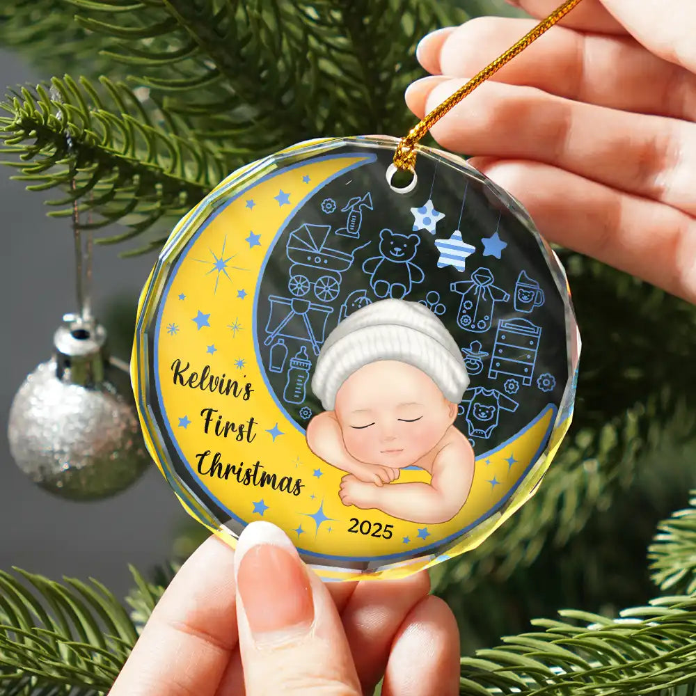 Gift For Kids, Parents, Christmas, Happy - Baby's First Christmas - Personalized Circle Glass Ornament