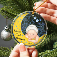 Gift For Kids, Parents, Christmas, Happy - Baby's First Christmas - Personalized Circle Glass Ornament