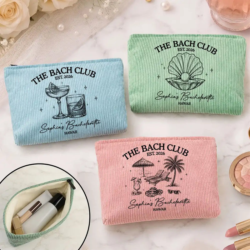 Travel,Confident,Gift For Bestie,Bachelorette,Icon - Bachelorette The Bach Club - Personalized Corduroy Makeup Bag