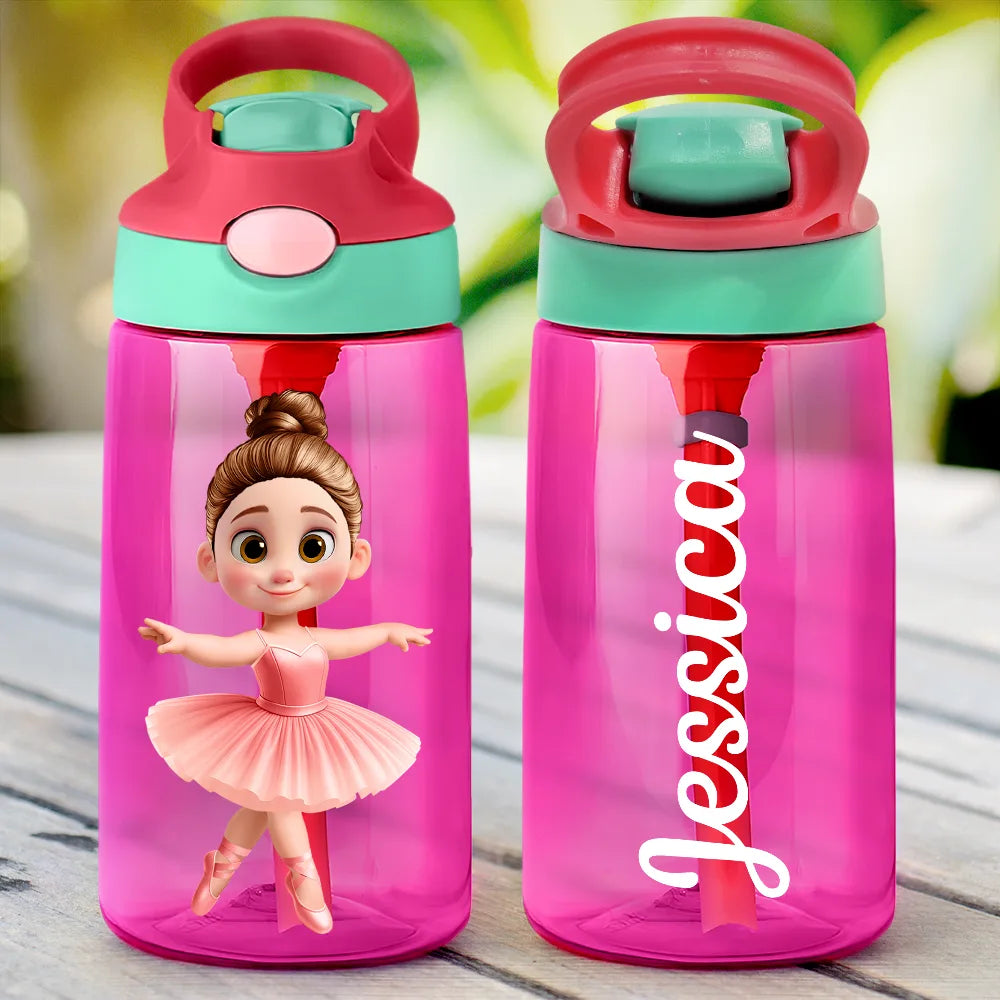 Ballerina Cute Girl 3D Effect - Personalized Kids Water Bottle With Straw