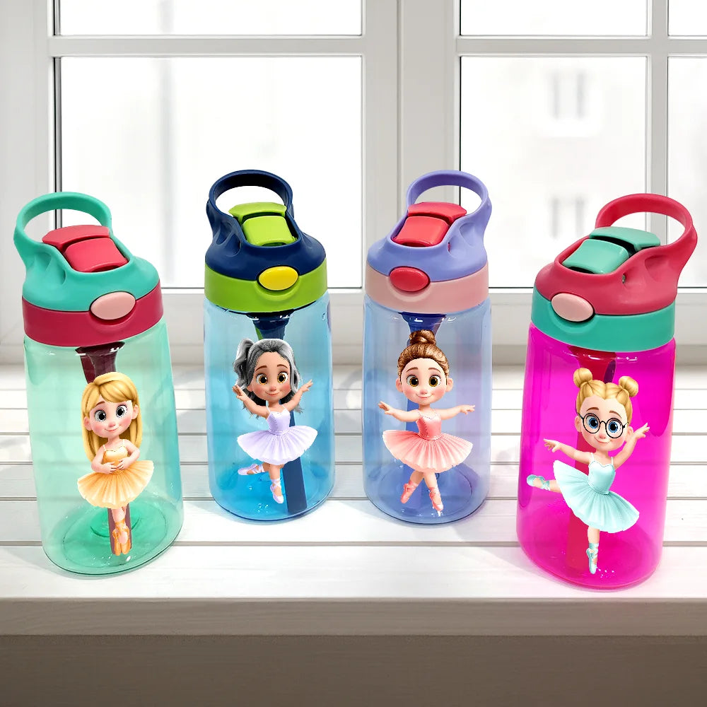 Gift For Kids,Happy - Ballerina Cute Girl 3D Effect - Personalized Kids Water Bottle With Straw