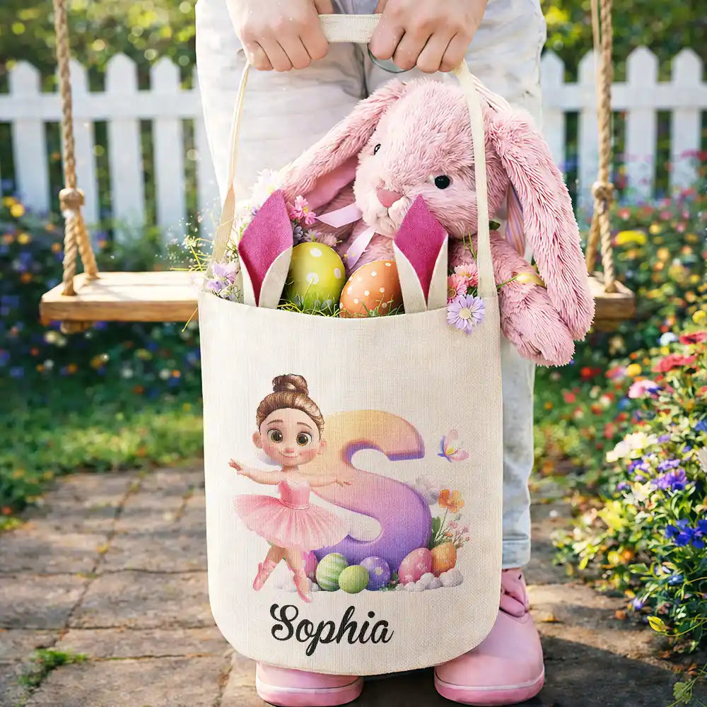 Easter, Happy, Gift For Kids, Parents - Ballerina Girl Alphabet - Personalized Bunny Ears Bucket Bag